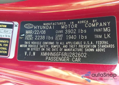 2008 Hyundai Tiburon Gt/Gt Limited/Se z USA, uszkodzony, nr VIN KMHHN66F68U282602